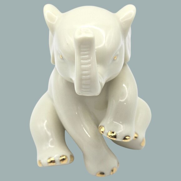 Lenox Porcelain Sitting Baby Elephant Figurine Cream With Gold Accents Trunk Up - Picture 6 of 9